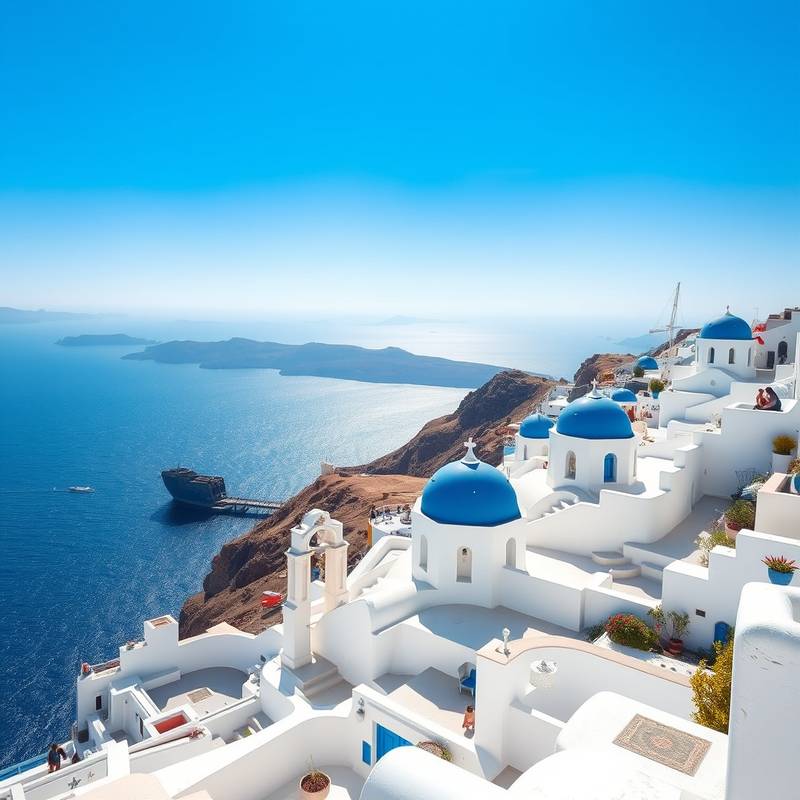 Casas blancas y azules en la isla de Santorini, Grecia, con vistas al mar Egeo.