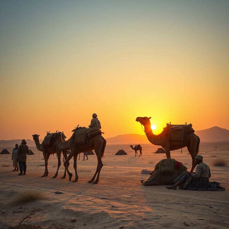 Un antiguo caravansarai en la Ruta de la Seda, con comerciantes y camellos descansando al atardecer.