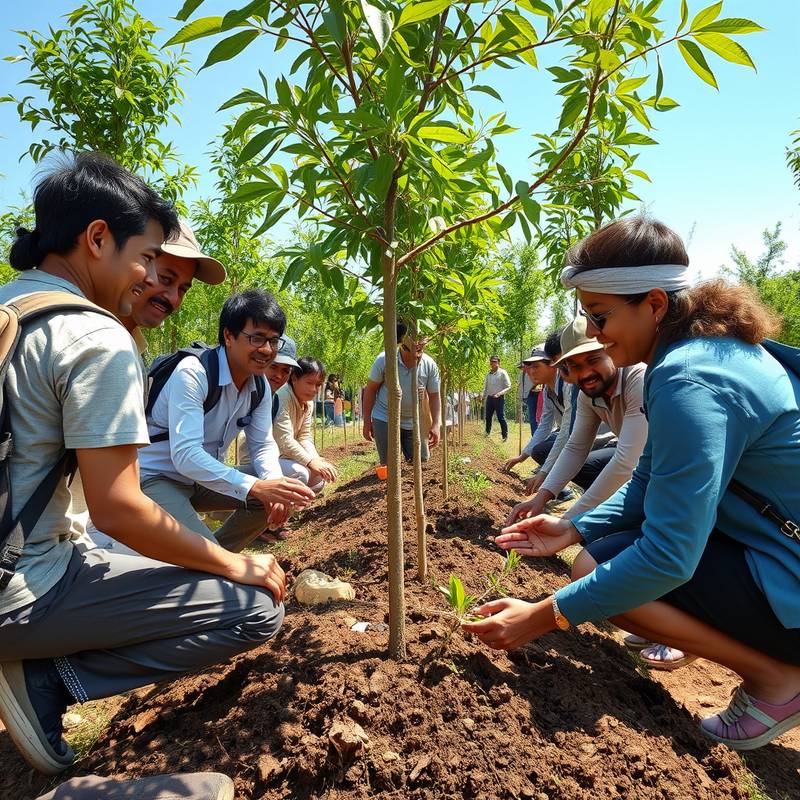 Un grupo de turistas plantando árboles en un proyecto de reforestación en una comunidad local.