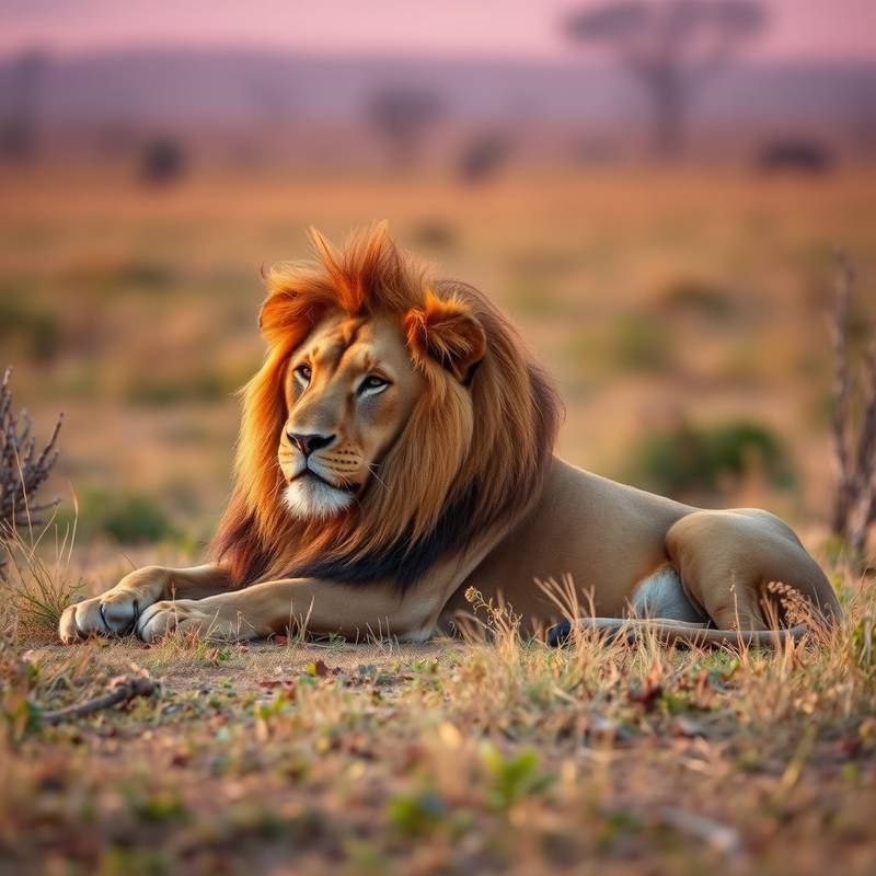 Un león descansando en la sabana africana en el Parque Nacional Serengeti, Tanzania.