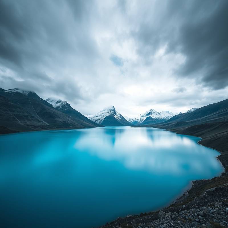 Un paisaje impresionante de las montañas de la Patagonia Argentina, con un lago azul y cielo nublado.