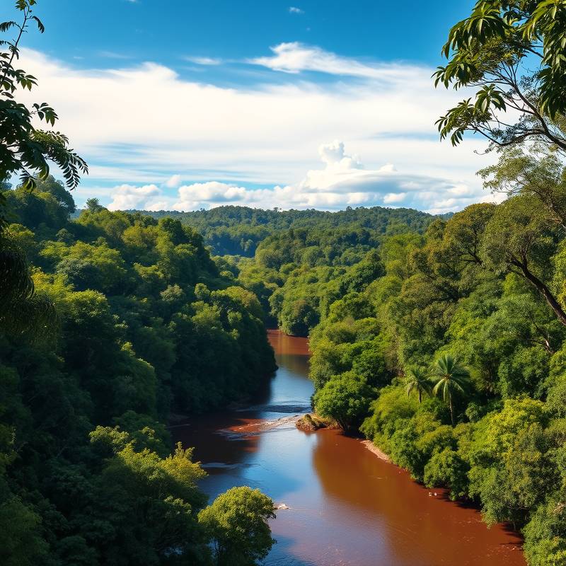 Un río serpenteando a través de la densa selva amazónica en Ecuador, con un cielo azul y árboles exuberantes.
