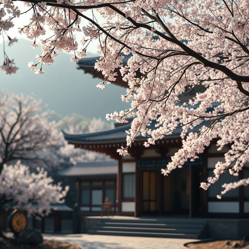 Un templo tradicional japonés en Kyoto, Japón, rodeado de árboles de cerezo en flor.