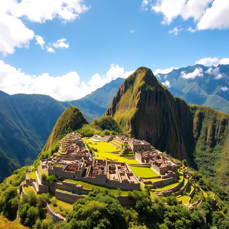 Vista panorámica de Machu Picchu, Perú, con montañas verdes y ruinas antiguas.